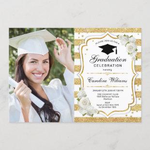 Graduation Party With Photo - Gold White Invitation