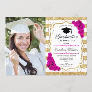 Graduation Party With Photo - Gold White Pink Invitation
