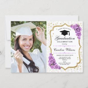 Graduation Party With Photo - Gold White Purple Invitation