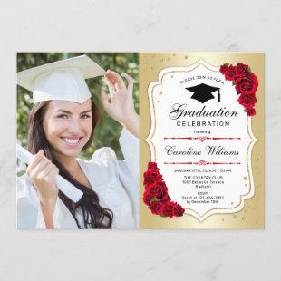 Graduation Party With Photo - Gold White Red Invitation