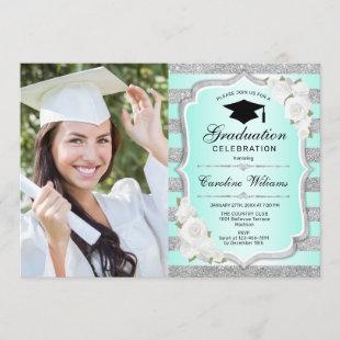 Graduation Party With Photo - Green Silver Invitation