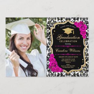 Graduation Party With Photo - Hot Pink Gold Black Invitation
