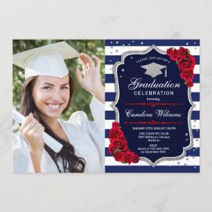 Graduation Party With Photo - Navy Silver Red Invitation