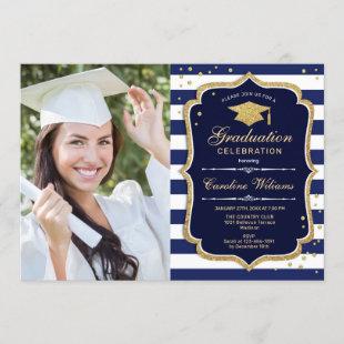 Graduation Party With Photo - Navy White Gold Invitation