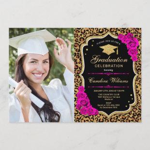 Graduation Party With Photo - Pink Leopard Print Invitation