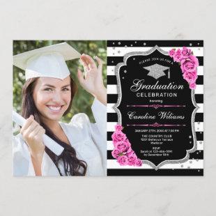 Graduation Party With Photo - Pink Silver Black Invitation