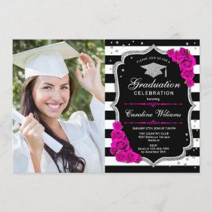 Graduation Party With Photo - Pink Silver Black Invitation