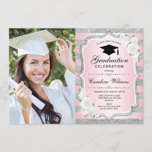 Graduation Party With Photo - Pink Silver Invitation