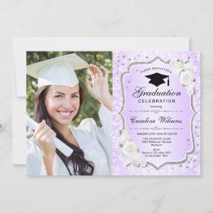Graduation Party With Photo - Purple Silver White  Invitation