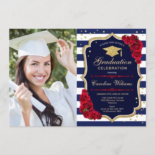 Graduation Party With Photo - Red Gold Navy Invitation