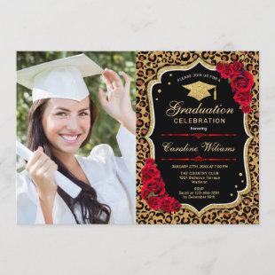 Graduation Party With Photo - Red Leopard Print Invitation