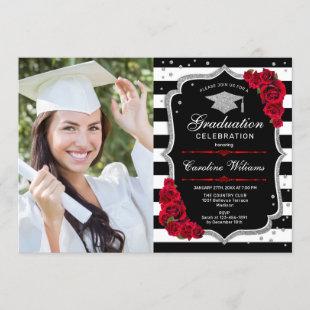Graduation Party With Photo - Red Silver Black Invitation