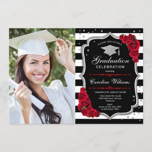 Graduation Party With Photo - Red Silver Black Invitation