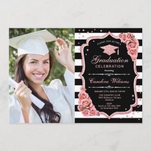 Graduation Party With Photo - Rose Gold Black Invitation