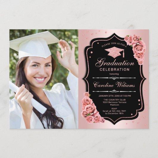 Graduation Party With Photo - Rose Gold Black Invitation