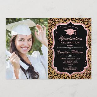 Graduation Party With Photo - Rose Gold Leopard Invitation