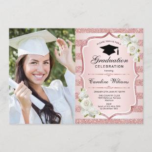 Graduation Party With Photo - Rose Gold White Invitation