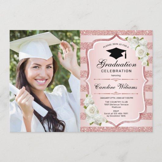 Graduation Party With Photo - Rose Gold White Invitation