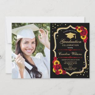 Graduation Party With Photo - Roses Sunflowers Invitation