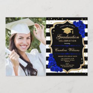 Graduation Party With Photo - Royal Blue Gold Invitation