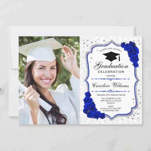 Graduation Party With Photo - Royal Blue White Invitation