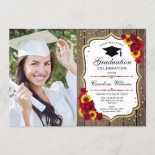 Graduation Party With Photo - Rustic Sunflowers Invitation