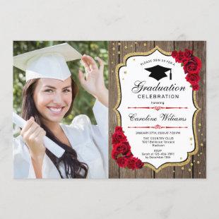 Graduation Party With Photo - Rustic Wood Roses Invitation