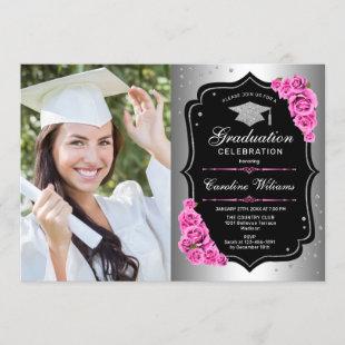 Graduation Party With Photo - Silver Black Pink Invitation