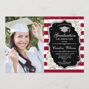 Graduation Party With Photo - Silver Black Red Invitation