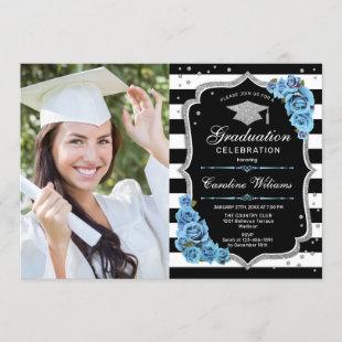 Graduation Party With Photo - Silver Blue Flowers Invitation