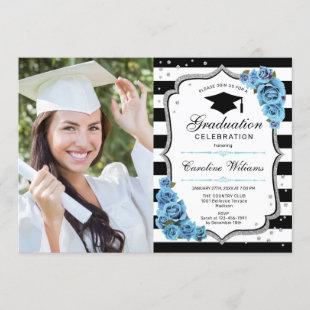 Graduation Party With Photo - Silver Blue Invitation