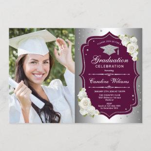 Graduation Party With Photo - Silver Burgundy Invitation