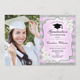 Graduation Party With Photo - Silver Purple Pink Invitation