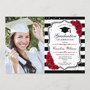 Graduation Party With Photo - Silver Red Black Invitation
