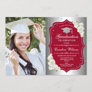 Graduation Party With Photo - Silver Red Invitation
