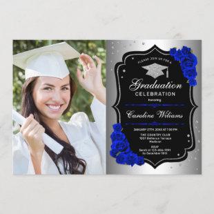Graduation Party With Photo - Silver Royal Blue Invitation