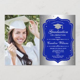 Graduation Party With Photo - Silver Royal Blue Invitation