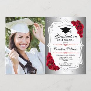 Graduation Party With Photo - Silver White Red Invitation