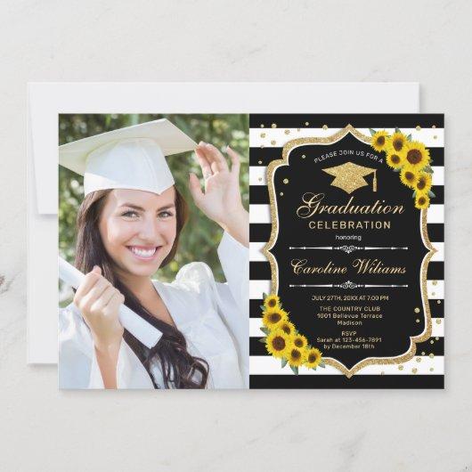 Graduation Party With Photo - Sunflower Black Gold Invitation