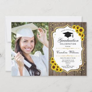Graduation Party With Photo - Sunflowers Wood Invitation