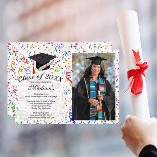 Graduation Photo Black Cap Diploma Confetti Party Invitation