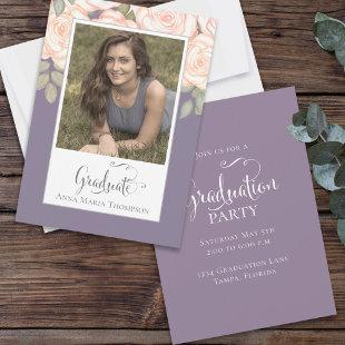 Graduation Photo Elegant Minimalist Script Purple Invitation