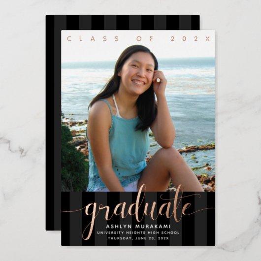 Graduation photo girly script black real rose gold foil invitation