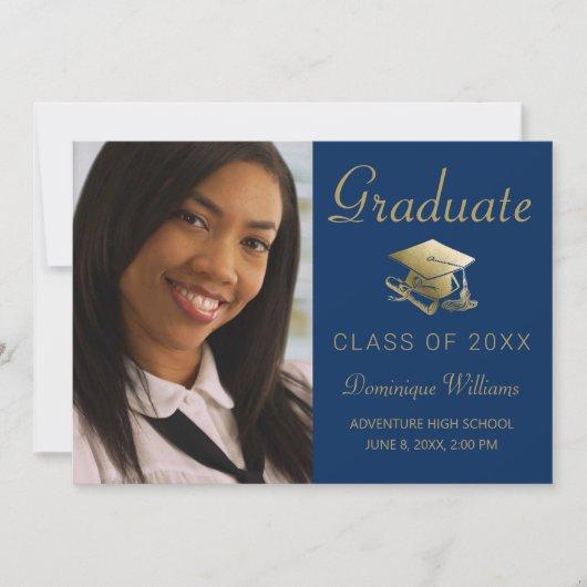 Graduation Photo Gold Grad Cap Diploma Blue Announcement