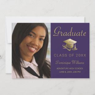 Graduation Photo Gold Grad Cap Diploma Purple Announcement