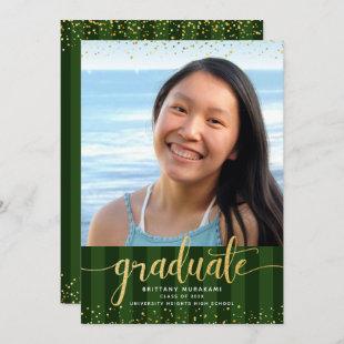 Graduation photo green stripes gold glitter script announcement