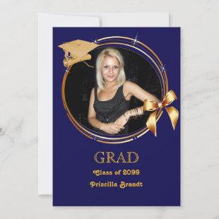 Graduation, photo, marine, gold, frame, grad hat invitation