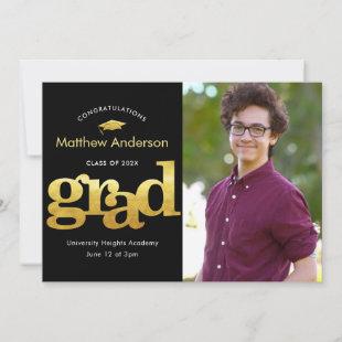 Graduation photo modern bold graphic black gold announcement