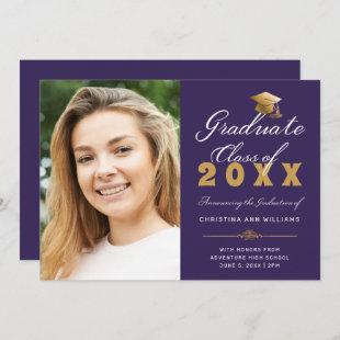 Graduation Photo Purple Gold Script  Class of 2022 Announcement