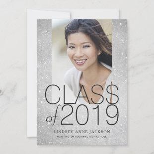Graduation Photo Sparkling Silver Stacked Text Announcement